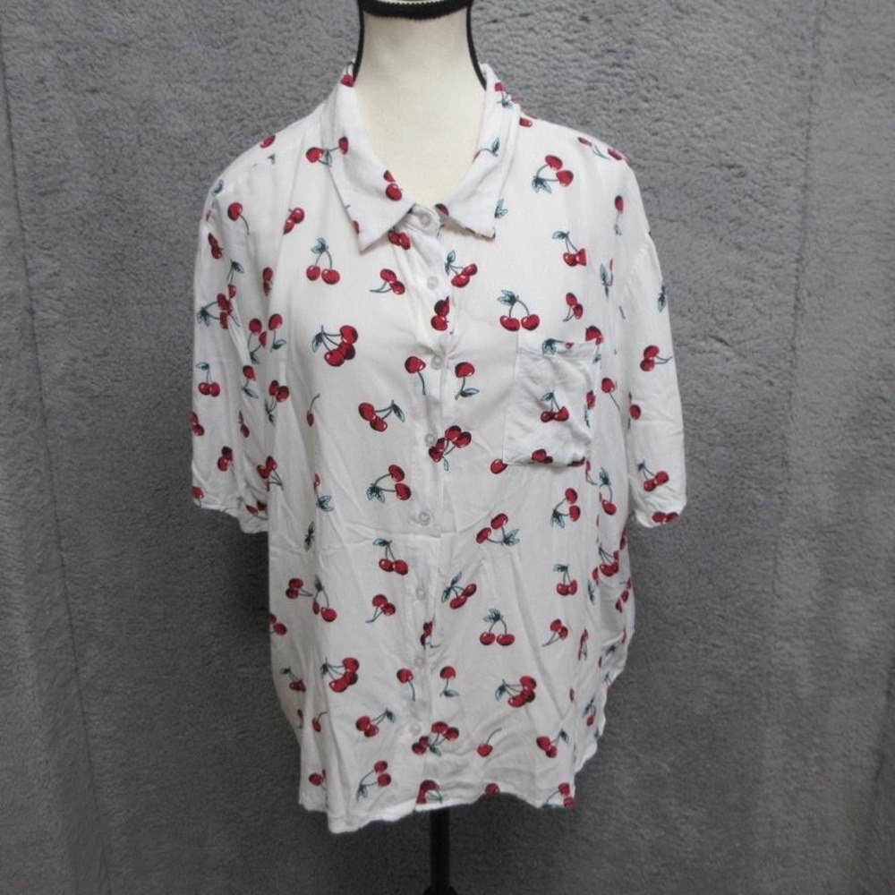 Shein Cherry Print Shirt Women 4XL White Button Front Short Sleeve Pocket Casual